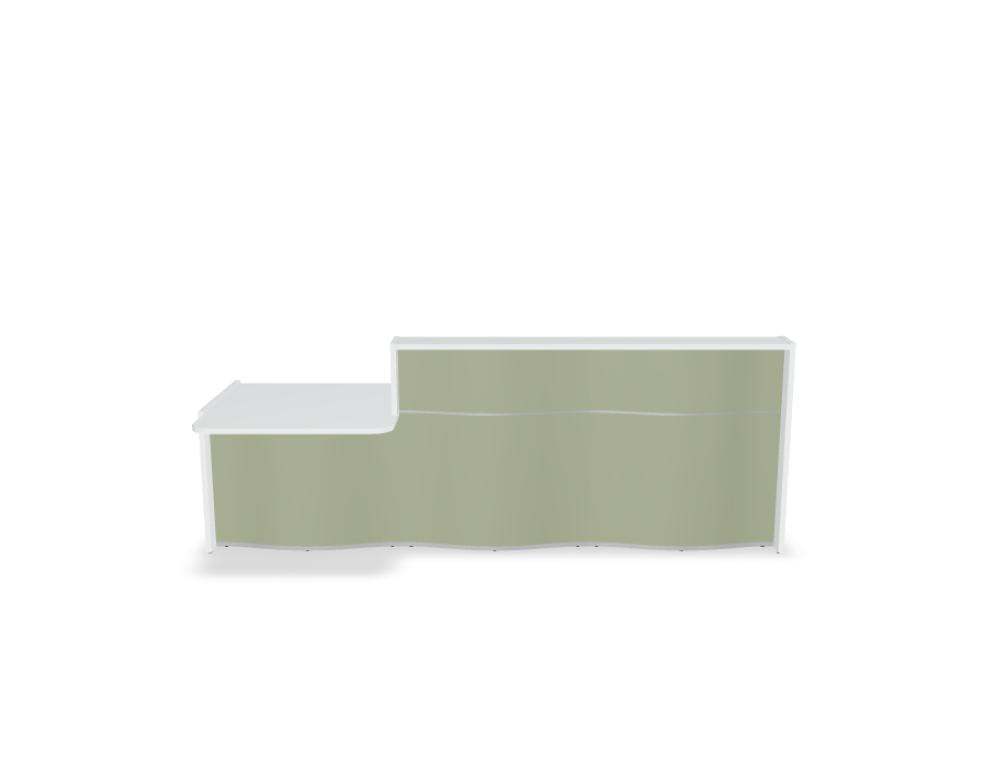 Empfangstheke Wave von Mdd in Weiss Pastell mit organischer HPL-Front, Aluminiumstreifen und modularer Wellenform-Konstruktion.
