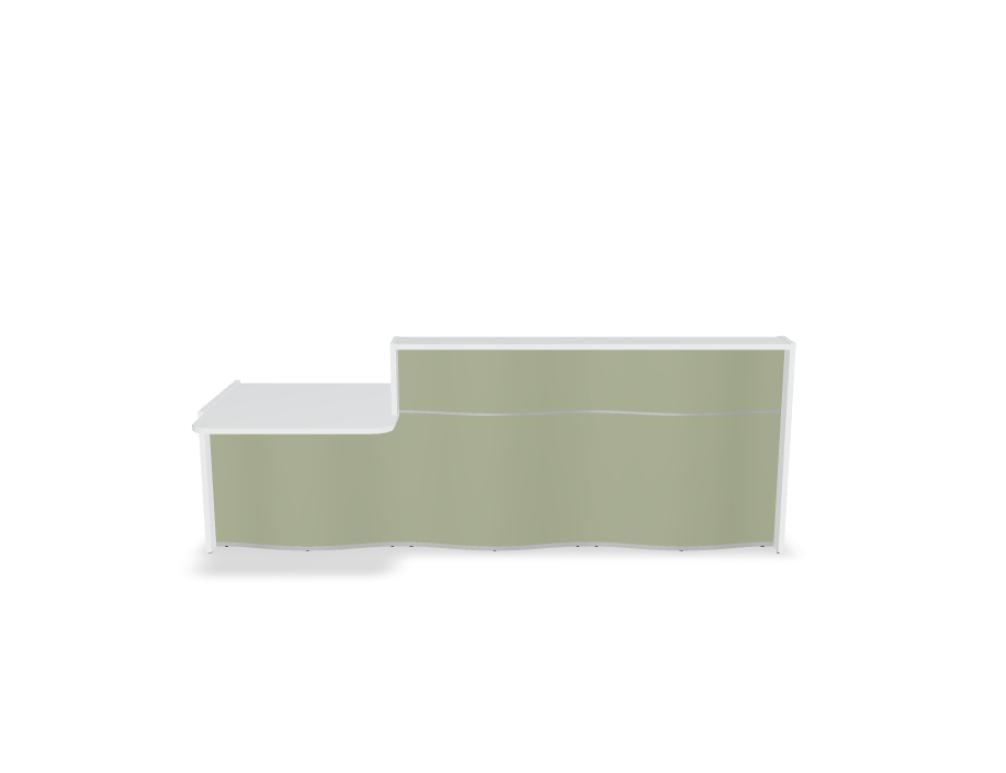 Empfangstheke Wave LUV30P mit organischer Front, modernes Design, elegante Kurven, lichtgraue Oberflächen, ideal für Sitzbereiche und Eingangsbereiche