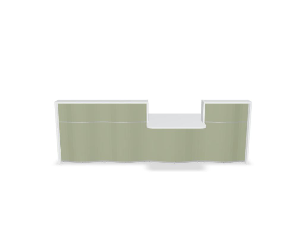 Bild zeigt die Wave LUV31 Empfangstheke mit organischer Front, stilvolle Wartezone, moderne Lichtakzente und klare Linien in zeitgemäßem Design von MDD.