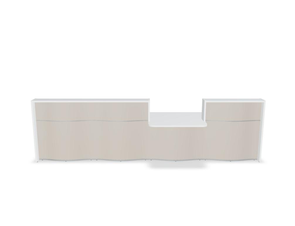 Empfangstheke Wave von Mdd in Weiss Pastell mit organischer HPL-Front, Aluminiumstreifen und modularer Wellenform-Konstruktion.