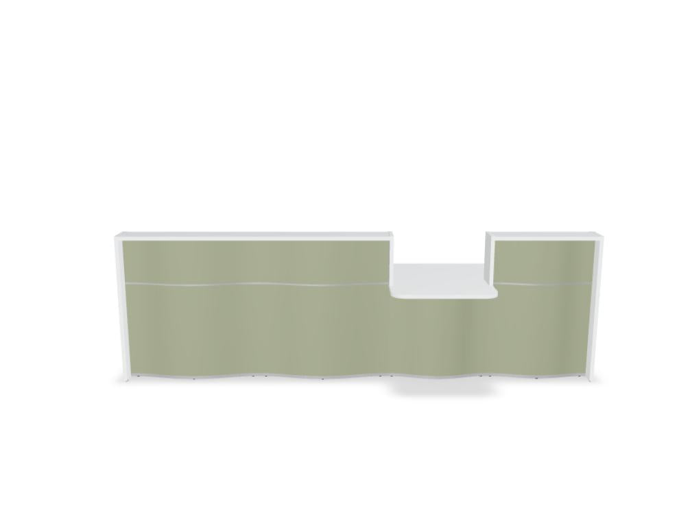 Empfangstheke Wave LUV341 mit organischer Front, moderner Corner-Desk-Linie und hellen Akzenten – designt für stilvolle, einladende Empfangsbereiche