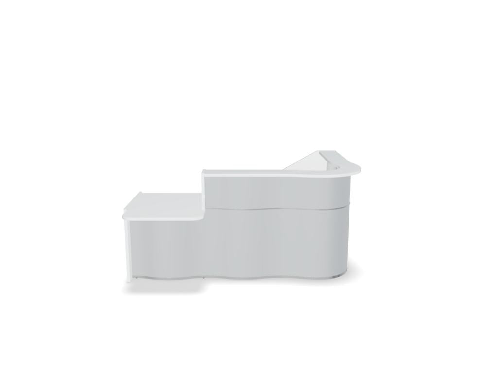 Empfangstheke Wave von Mdd in Weiss Pastell mit organischer HPL-Front, Aluminiumstreifen und modularer Wellenform-Konstruktion.