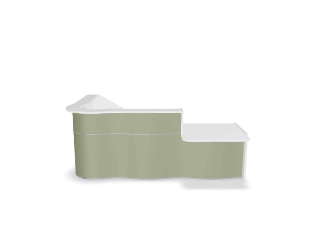 Empfangstheke Wave LUV39L mit organischer Front, zeitloser Empfangsbereich für stilvolle Bürolandschaften, robustes Design, warme Holztöne und moderne Linien.
