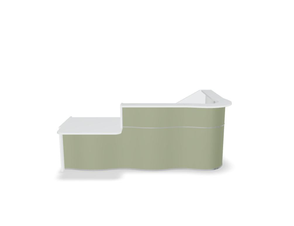 Bild zeigt die Wave LUV39P Empfangstheke mit organischer Front aus der Kategorie Empfangsdesk von MDD; elegante, gewölbte Frontgestaltung und hochwertige Holzoptik, ideal für moderne Empfangsbereiche.