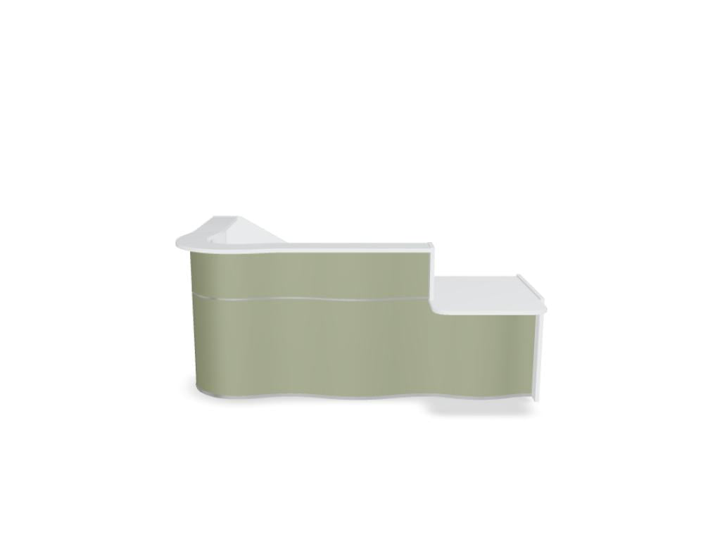 Empfangstheke Wave LUV401L mit organischer Front, modernes Design und hellem Finish, ideal für elegante Warte- oder Empfangsbereiche