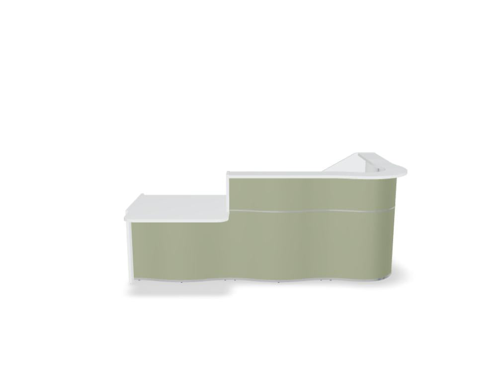 Empfangstheke Wave LUV40P mit organischer Front, modernes, flussiges Design, helle Oberflächen und strukturierte Ablageflächen für stilvolle Kundenanalyse