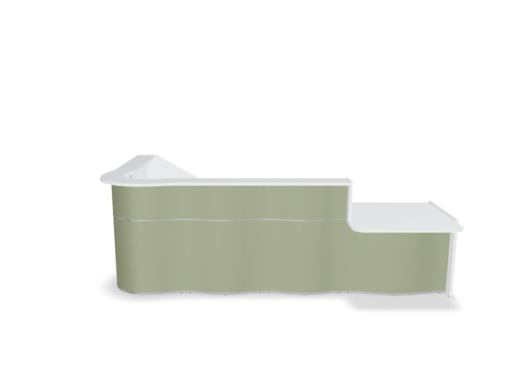 Foto der Wave LUV45L Empfangstheke mit einer organischen Front, modernes Arbeits- und Empfangsmöbelstück aus der MDD-Kollektion, hochwertige Verarbeitung, zeitloses Design
