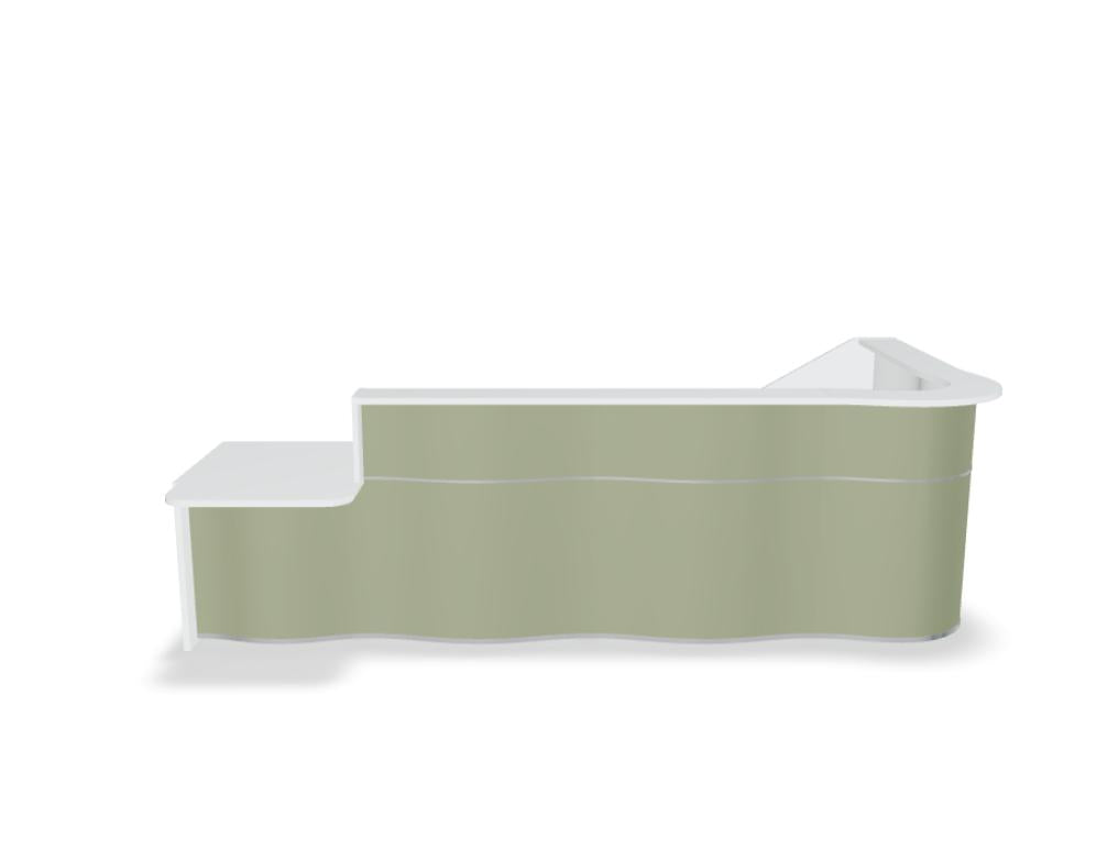 Bild zeigt eine Wave LUV461P Empfangstheke mit organischer Front, modernes Design, weiße Flächen und warme Holzakzente, ideale Rezeption für originelles Raumkonzept