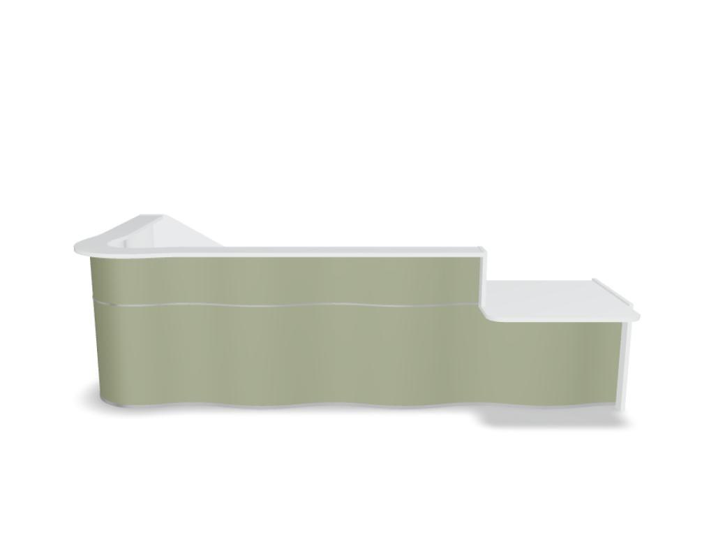 Empfangstheke Wave von Mdd in Weiss Pastell mit organischer HPL-Front, Aluminiumstreifen und modularer Wellenform-Konstruktion.