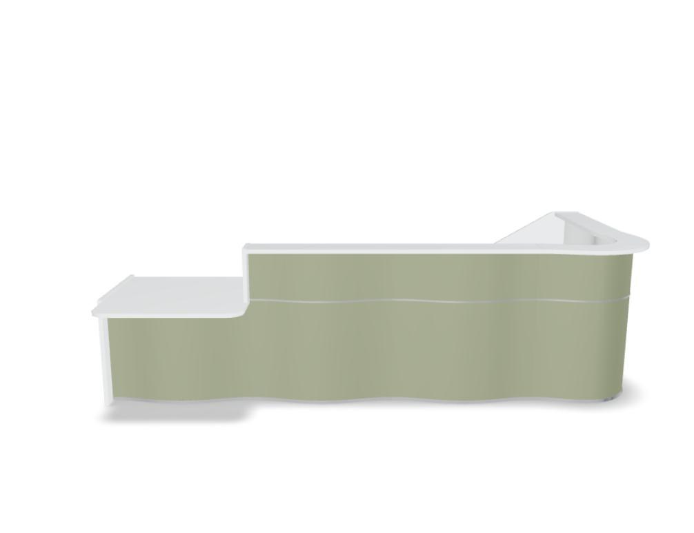 Empfangstheke Wave von Mdd in Weiss Pastell mit organischer HPL-Front, Aluminiumstreifen und modularer Wellenform-Konstruktion.