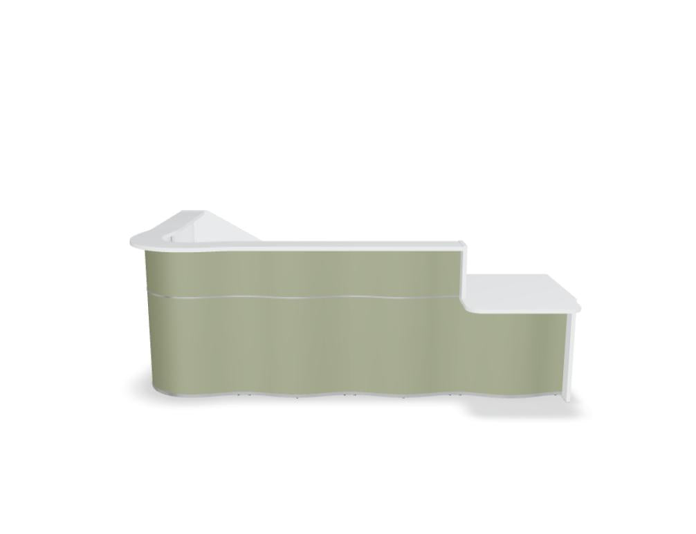 Foto einer Wave LUV471L Empfangstheke von MDD: organische Front, moderne Gestaltung, helle Arbeitsfläche, klare Linien, hochwertige Holzmaserung, stilvolles Desk-Design für Rezeption und Empfangsbereich.