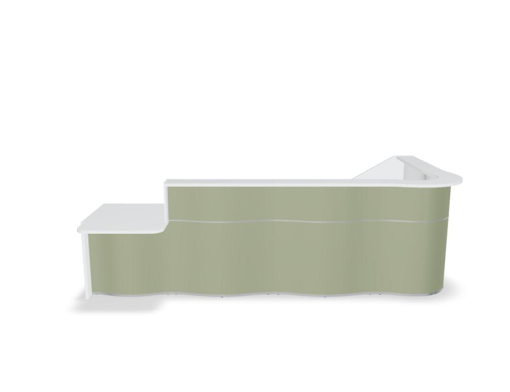 Empfangstheke Wave von Mdd in Weiss Pastell mit organischer HPL-Front, Aluminiumstreifen und modularer Wellenform-Konstruktion.