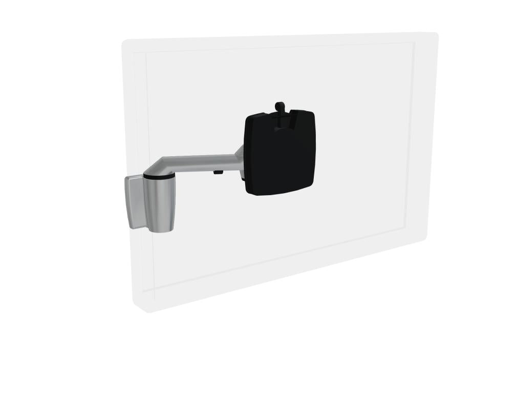 Aluminiumfarbenes Zubehör für Organisationsleiste mit Monitorhalter, Stiftehalter und Ablagefach aus pulverbeschichtetem Metall, Grösse 30x13x13 cm.
