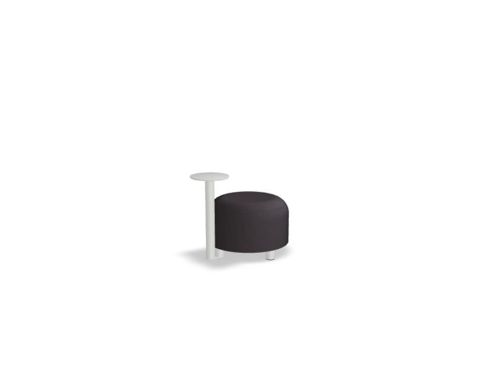 Gelbe Sitzhocker aus Spanplatte mit Schaumstoffpolsterung, Metallbeine, modular kombinierbar zu einem Pouf-Sitzsystem.