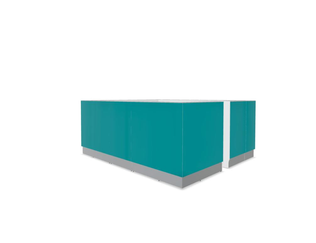 Empfangstresen Linea LIN2S von MDD in moderner Holz-Optik, kompakte Dimensionen, helles Umfeld, hochwertige Oberflächen, ideal für Warte- oder Empfangsbereiche