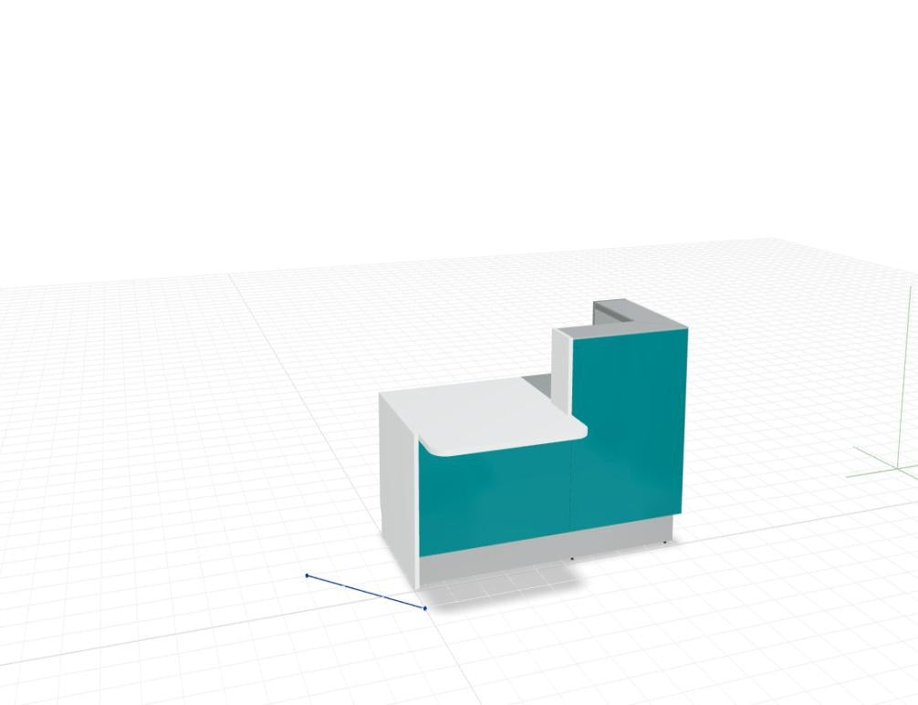 Empfangstheke Linea von Mdd mit silberner Glasfront, gebürstetem Aluminiumsockel und Edelstahl-Eckleiste, LED-Beleuchtung entlang der Theke.