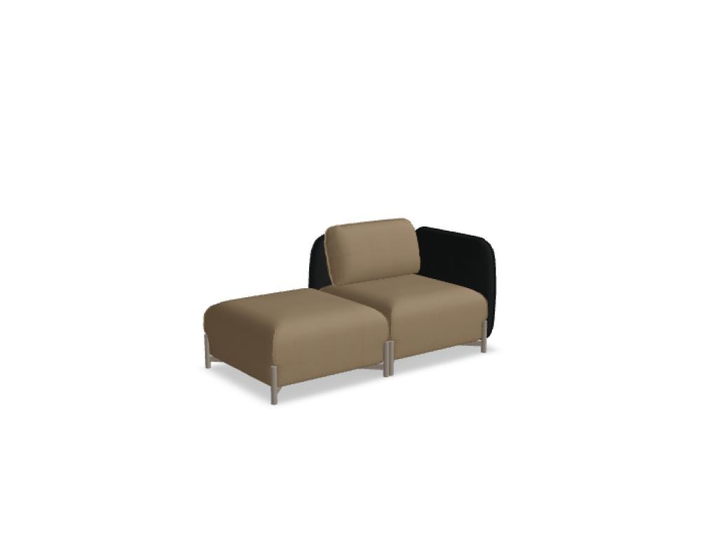 Modulares Sofa Linka von Mdd in Dunkelbeige mit Rückenkissen, Holzgestell und pulverbeschichteten Stahlseiten, gepolsterte Sitzfläche sichtbar.
