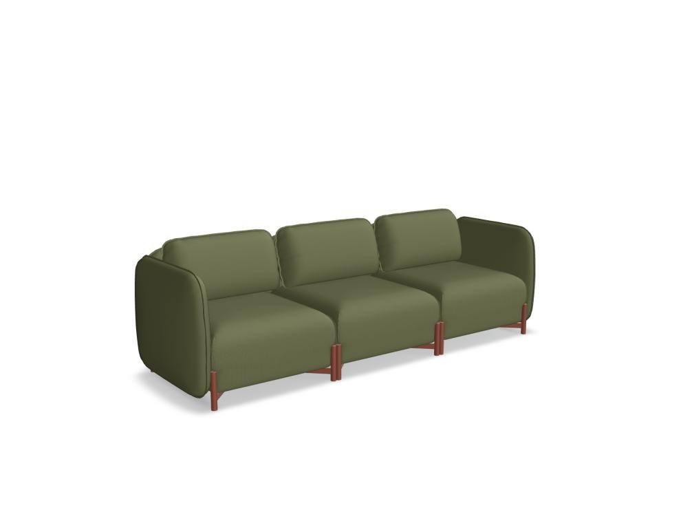 Modulares Sofa Linka von Mdd in Dunkelbeige mit Rückenkissen, Holzgestell und pulverbeschichteten Stahlseiten, gepolsterte Sitzfläche sichtbar.