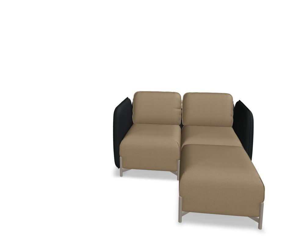 Modulares Sofa Linka von Mdd in Dunkelbeige mit Rückenkissen, Holzgestell und pulverbeschichteten Stahlseiten, gepolsterte Sitzfläche sichtbar.
