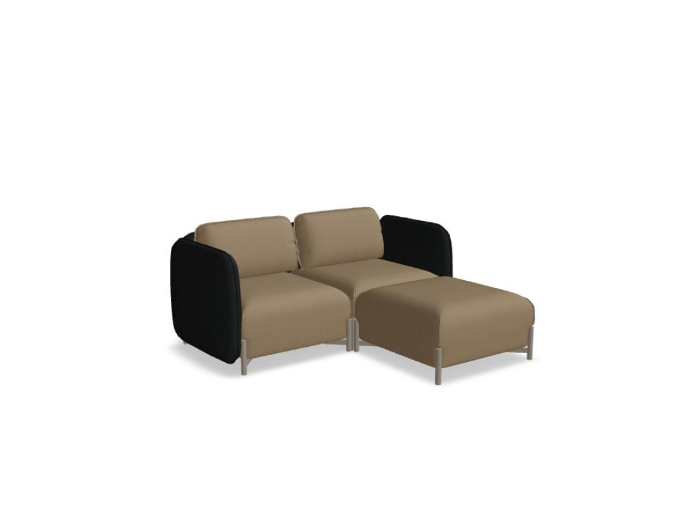 Modulares Sofa Linka von Mdd in Dunkelbeige mit Rückenkissen, Holzgestell und pulverbeschichteten Stahlseiten, gepolsterte Sitzfläche sichtbar.