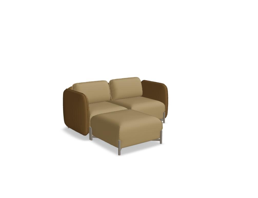 Modulares Sofa Linka von Mdd in Dunkelbeige mit Rückenkissen, Holzgestell und pulverbeschichteten Stahlseiten, gepolsterte Sitzfläche sichtbar.