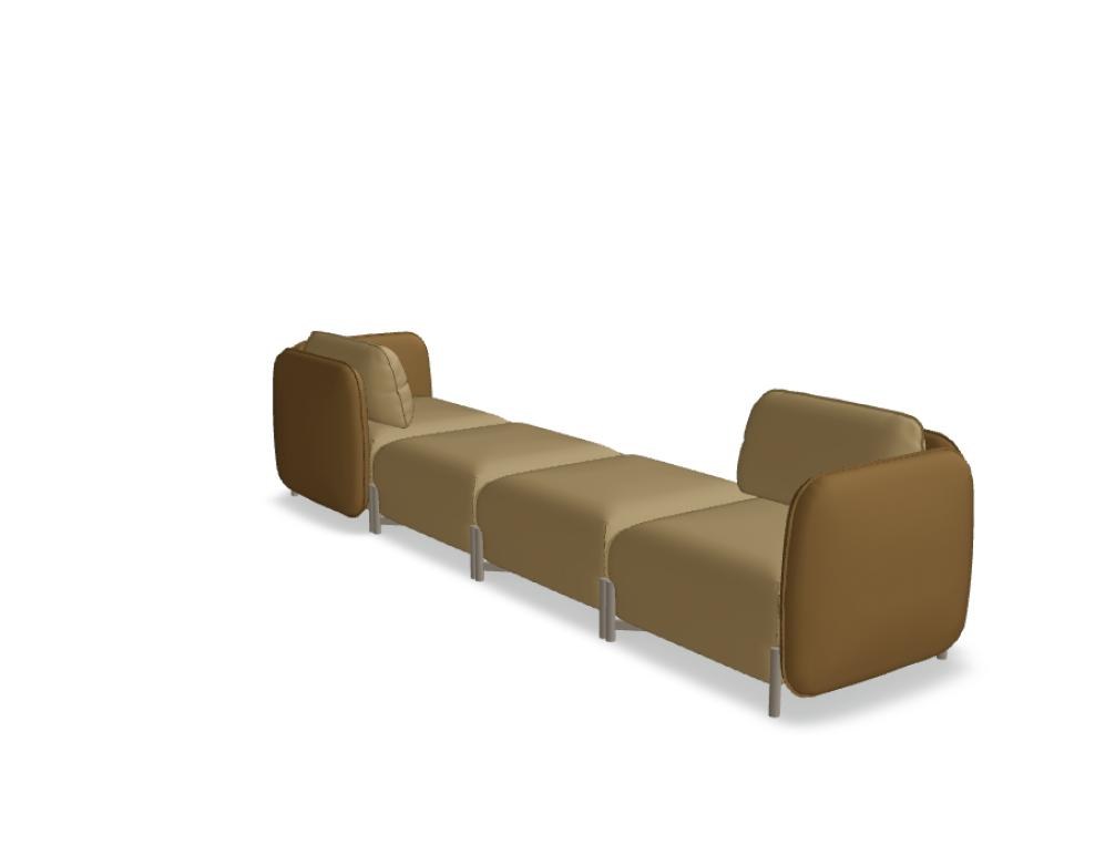 Modulares Sofa Linka von Mdd in Dunkelbeige mit Rückenkissen, Holzgestell und pulverbeschichteten Stahlseiten, gepolsterte Sitzfläche sichtbar.