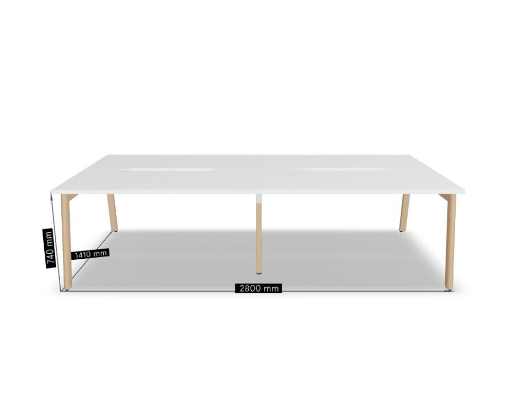 Doppelschreibtisch Ogi B Bench mit weisser Melaminplatte und Gestell aus natürlichem Buchenholz, zwei Arbeitsplätze nebeneinander.