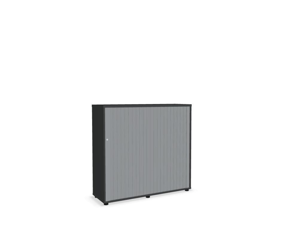 Schwarzer Jalousieschrank Basic von Mdd mit weisser Kunststoff-Rollladenfront, Melaminplatten und ABS-Umleimer, Ansicht von vorne.