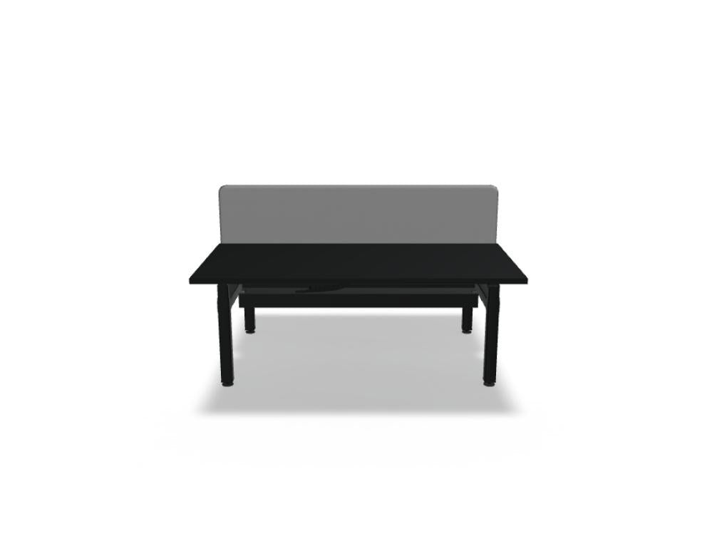 Doppelschreibtisch Ogi Drive Bench von Mdd in Honigeiche mit schwarzem Metallgestell und zweimotorigem Hubmechanismus.