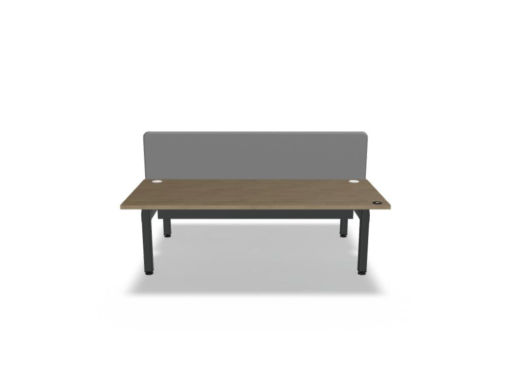 Doppelschreibtisch Ogi Drive Bench von Mdd in Honigeiche mit schwarzem Metallgestell und zweimotorigem Hubmechanismus.