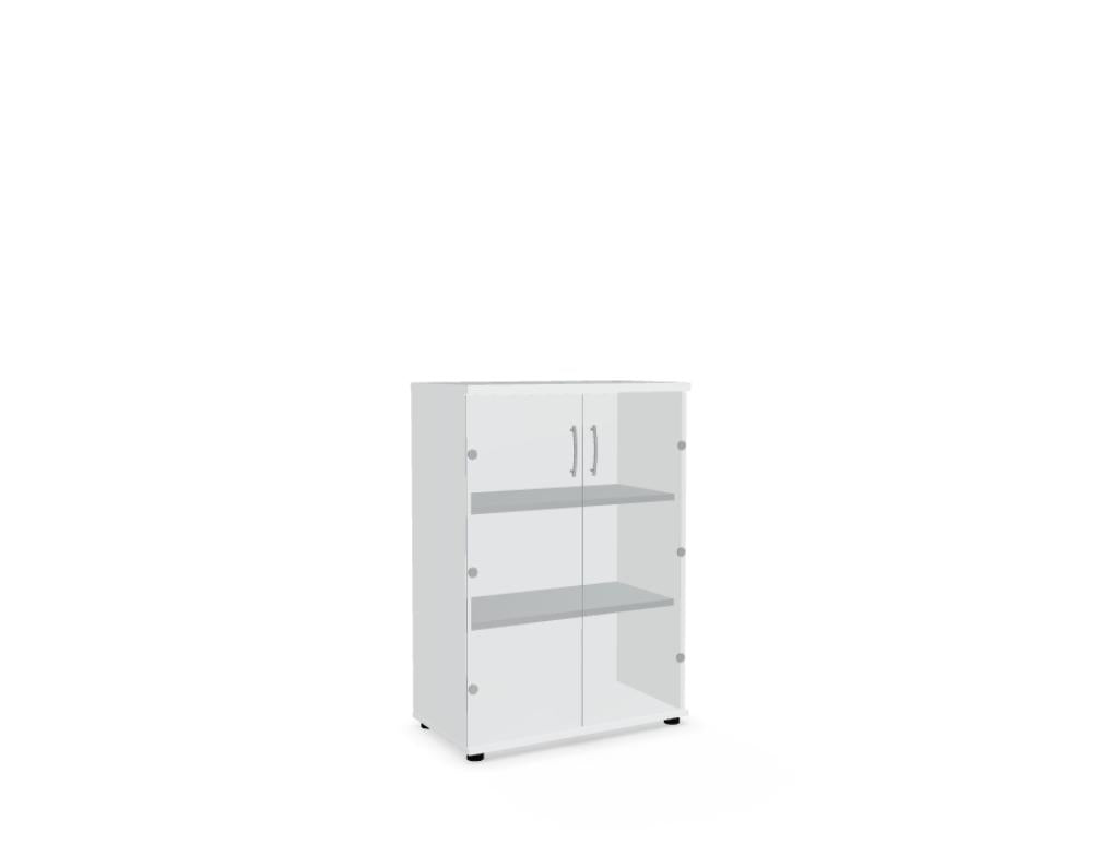 Bild zeigt eine Standardvitrine A3504TMW von MDD in einer modernen Ausführung, Front aus Glas, Gehäuse in dezenter Farbgebung, Glastüren mit Metallrahmen und beleuchteter Innenraum für übersichtliche Produktpräsentation.