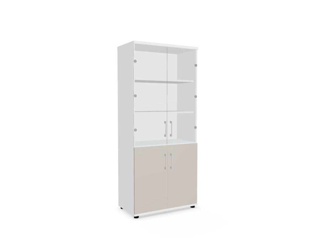 Weiße MDD Standard A5404W Vitrine mit Glastüren und offenen Fächern, modernes Stauraummöbel fürs Büro