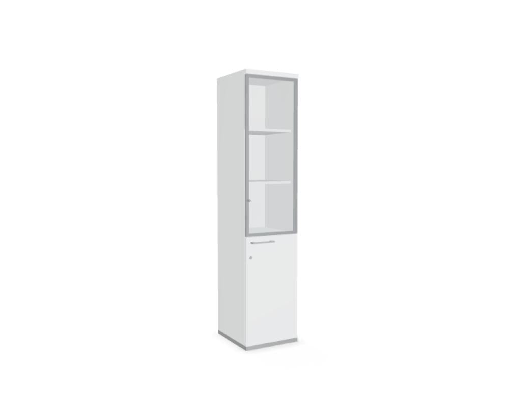 Vitrine Standard A58P2W von Mdd in moderner Ausführung, Glasfront mit beleuchtetem Innenraum, schmale Rahmenkonstruktion und freistehender Stand. Ideal für stilvolle Verkaufspräsentationen.