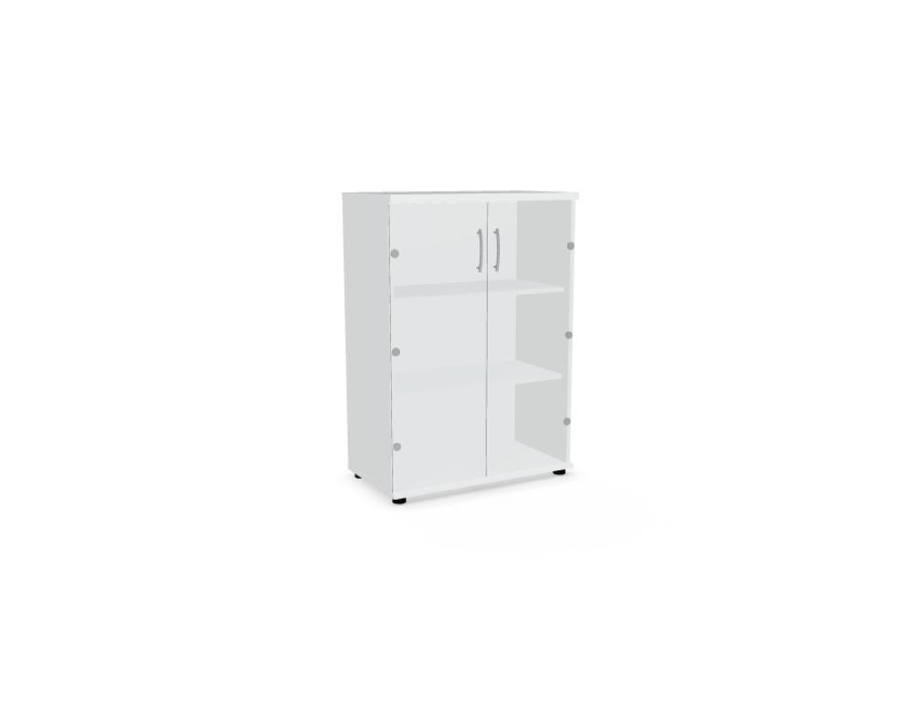 Weisse Vitrine mit zwei Glastüren aus Klarhartglas, vertikalem Aluminiumgriff und Korpus aus Melaminplatte, Modell Standard von Mdd.