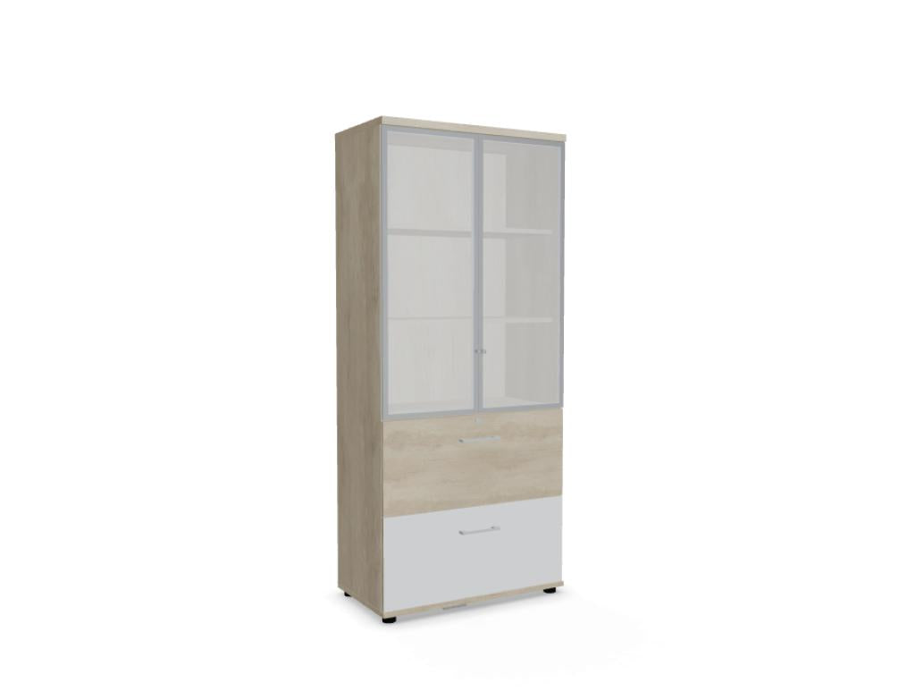 Mdd Standard A54D4WK Vitrine mit Glastüren, hellem Holzdekor und abschließbarem Fach für Büro oder Empfangsbereich