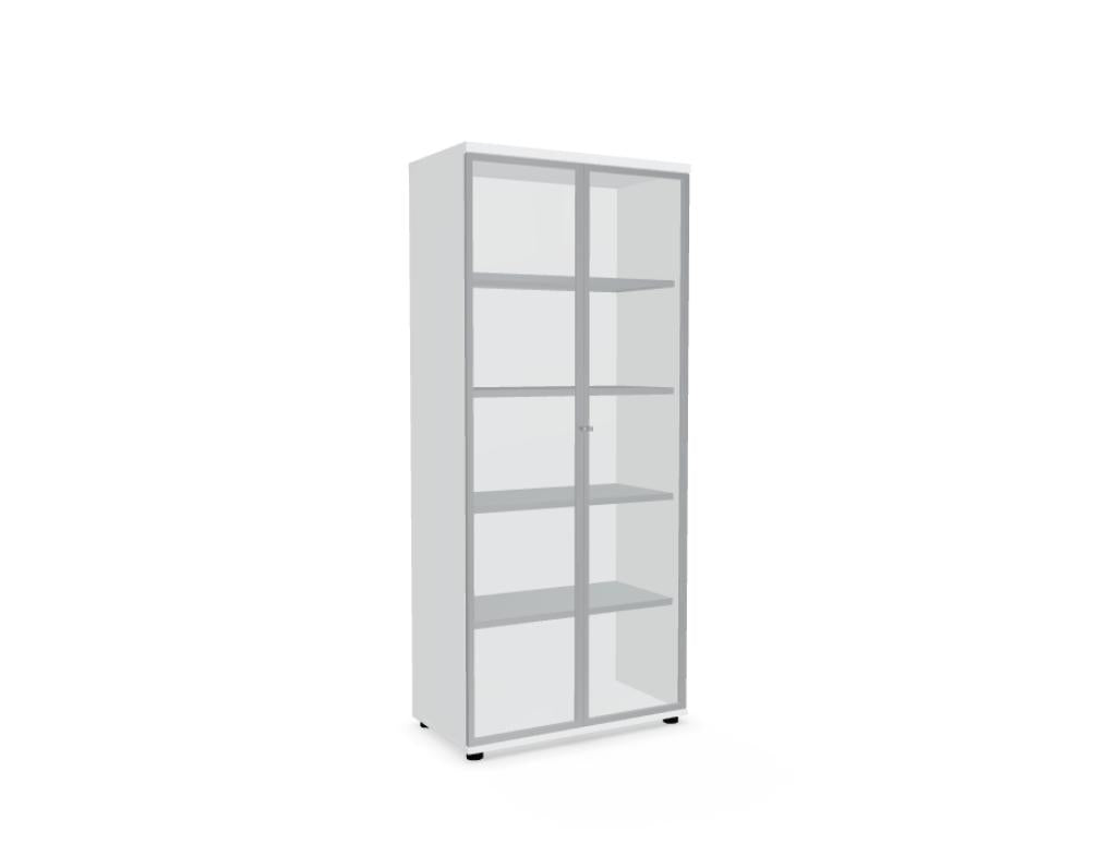 Vitrine Standard A5504TMWK von MDD: Glanzvolle Front mit transparenter Glaseinlage, dunkle Holzstruktur, elegante Griffe, beleuchtet, Innenraum mit verstellbaren Ablagen.