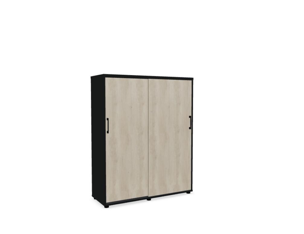 Schiebetürenschrank mit Front in Eiche Natur, Korpus und Bodenplatte in Weiss Pastell, aus Melaminplatten mit ABS-Umleimer gefertigt.
