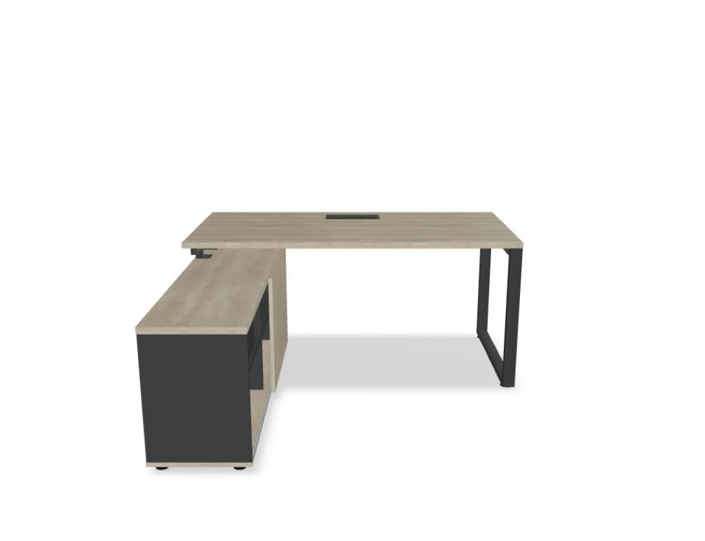 Schreibtisch Ogi Q mit Managerschrank in Honigeiche, schwarzem Metallgestell und schwarzem Schrankkorpus, quadratische Tischform.