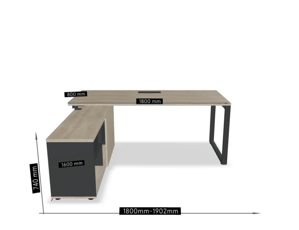 Schreibtisch Ogi Q mit Managerschrank in Honigeiche, schwarzem Metallgestell und schwarzem Schrankkorpus, quadratische Tischform.