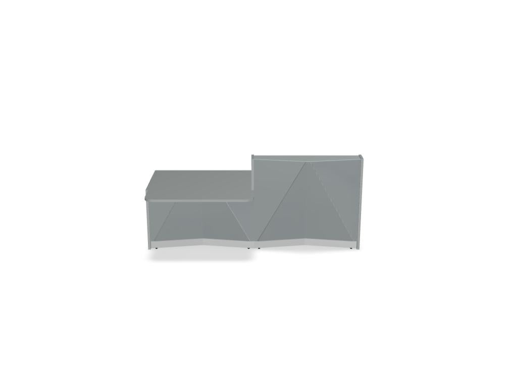 Modulare Empfangstheke Alpa aus schwarzem Glas mit Aluminiumsockel und LED-Beleuchtung, bestehend aus mehreren zusammenstellbaren Elementen.