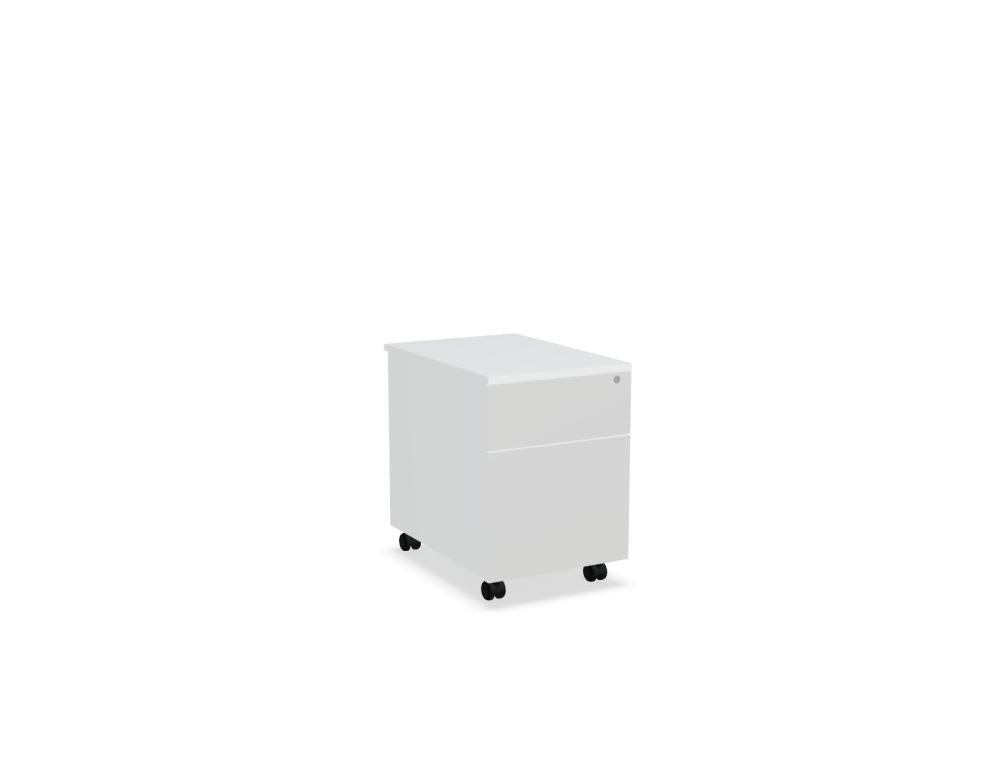 Rollcontainer der Marke Mdd mit Front aus HPL Hochglanz, Metallschubladen, Aluminium Satinato Ober- und Bodenplatte sowie Rollen mit Bremsen.