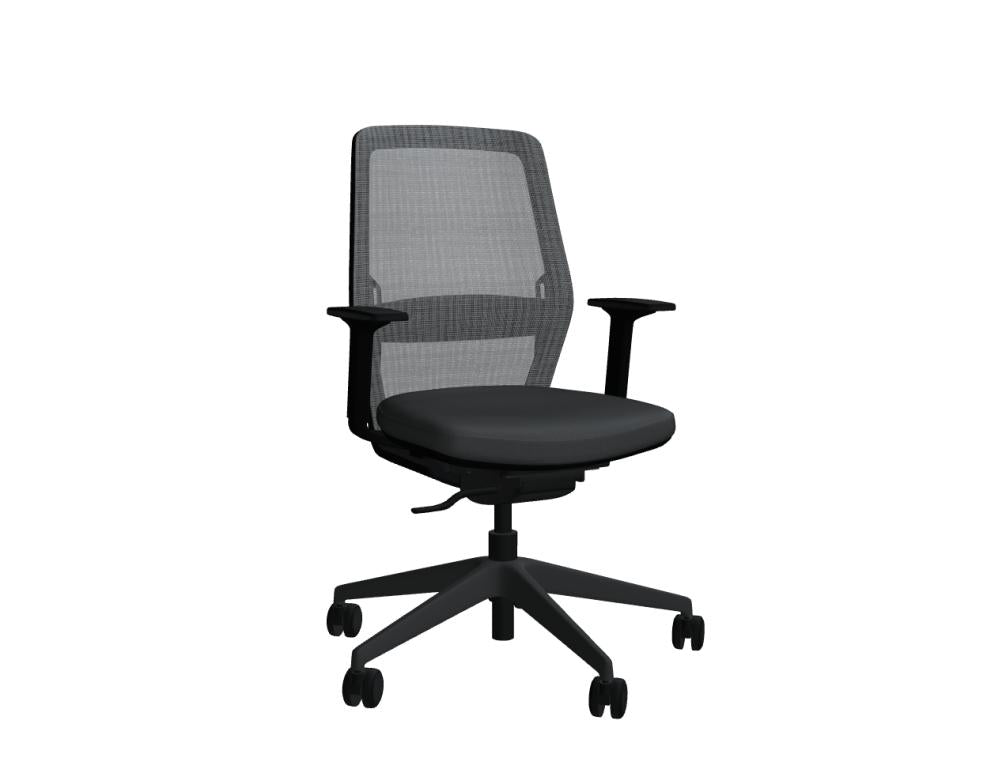 Evo EV01 Bürostuhl mit Mesh-Rückenlehne, ergonomische Sitzfläche, robuste schwarze Gestellkonstruktion, atmungsaktiver Mesh-Bezug und verstellbaren Armlehnen