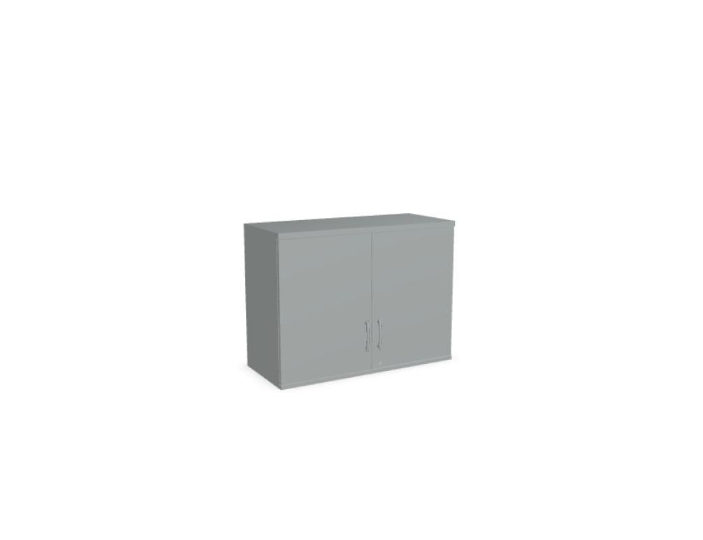 Aufsatzschrank mit Flügeltüren, Front in Eiche Natur, Korpus Weiss Pastell, Melaminplatte, für Büromöbel-Aufbau geeignet.