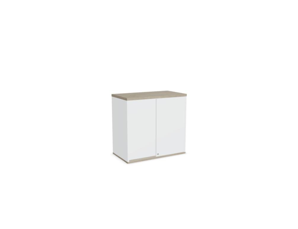 Aufsatzschrank mit Flügeltüren, Front in Eiche Natur, Korpus Weiss Pastell, Melaminplatte, für Büromöbel-Aufbau geeignet.