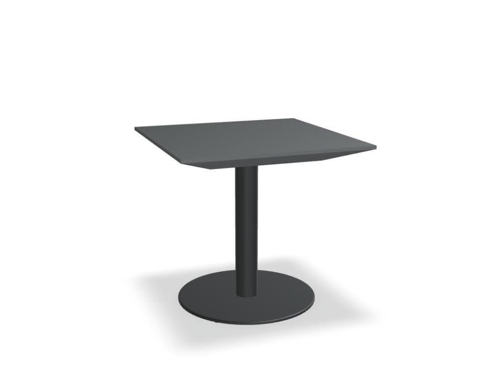 Kaffeetisch Gravity mit quadratischer Tischplatte in Nussbaum-Furnier, einbeinigem Metallgestell in Anthrazit und rundem Tellerfuss.