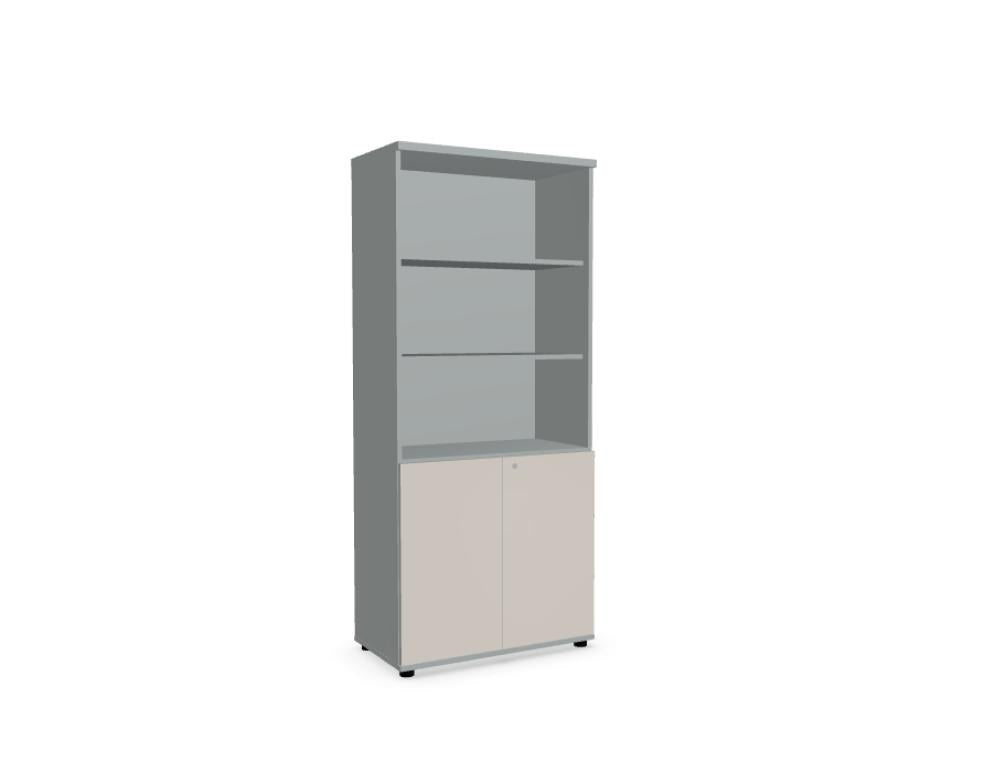 Standregal Color Halbregal von Mdd in Aluminium Satinato mit offenen Fachböden und geschlossenem Schrankteil mit HPL-Front.