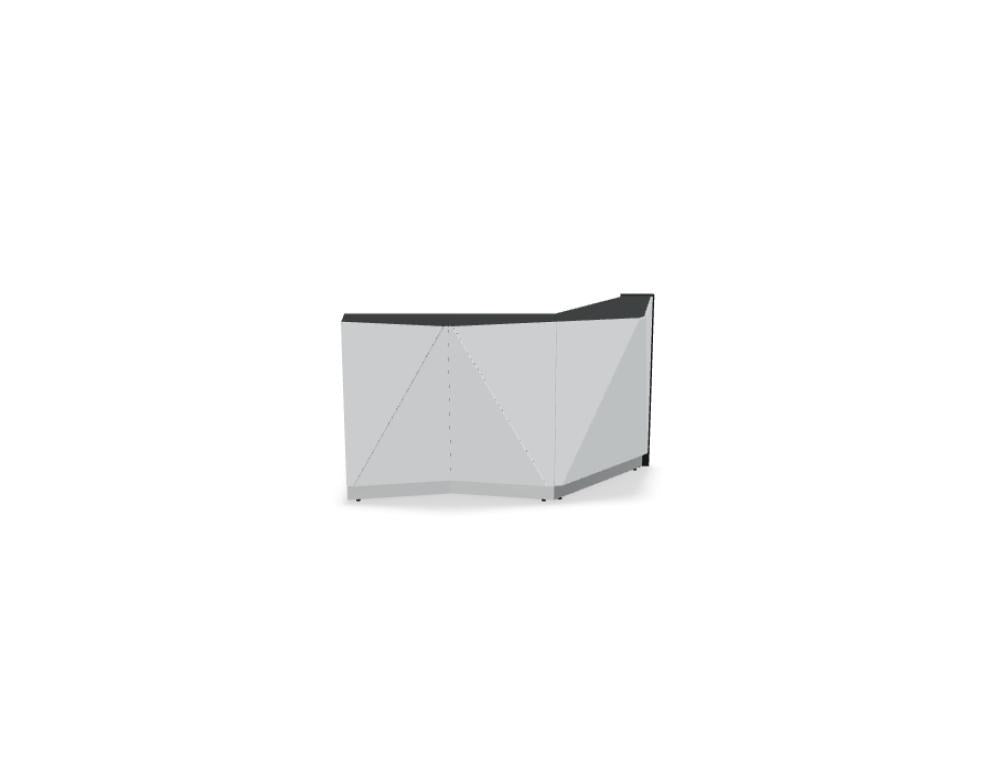 Modulare Empfangstheke Alpa aus schwarzem Glas mit Aluminiumsockel und LED-Beleuchtung, bestehend aus mehreren zusammenstellbaren Elementen.