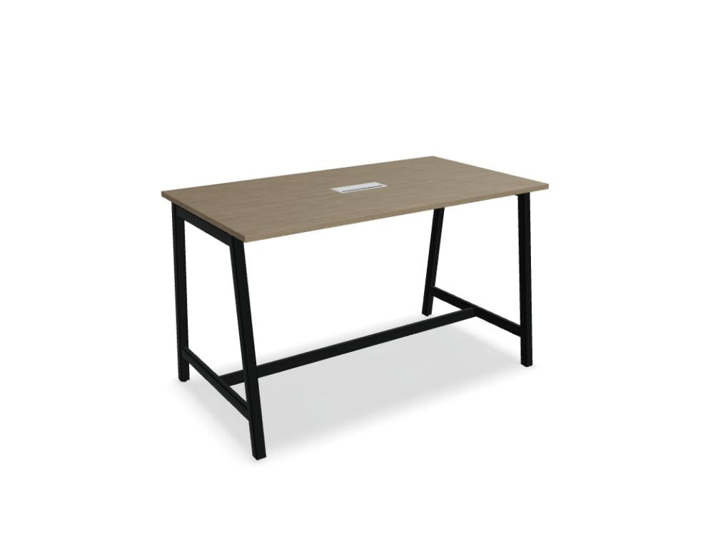 Hochtisch Ogi M PSM728 von MDD: moderner Stehtisch mit heller Holzplatte und schwarzer Metallbasis, ideal für Büro- oder This image shows a high table with a slim pedestal base and a light wood top, suitable for modern office or dining spaces.