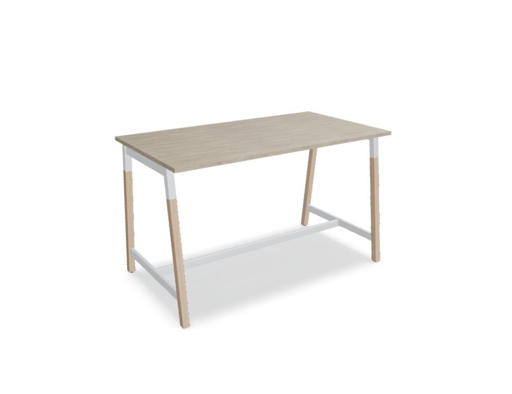 Stehtisch Ogi W von Mdd mit Tischplatte in Honigeiche, schwarzem Metallgestell und Beinen aus Eschenholz, minimalistische Formgebung.