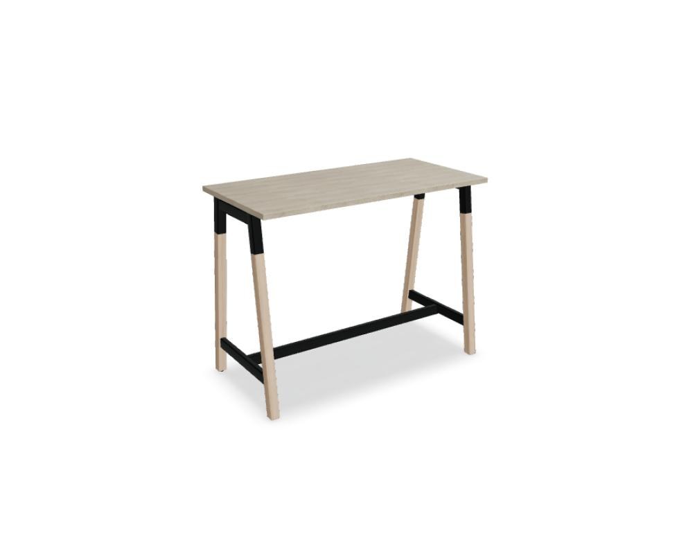 Stehtisch Ogi W von Mdd mit Tischplatte in Honigeiche, schwarzem Metallgestell und Beinen aus Eschenholz, minimalistische Formgebung.